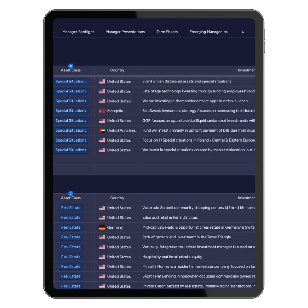 Abstract graphic representing niche investment strategies like private credit and litigation finance available to institutional investors.